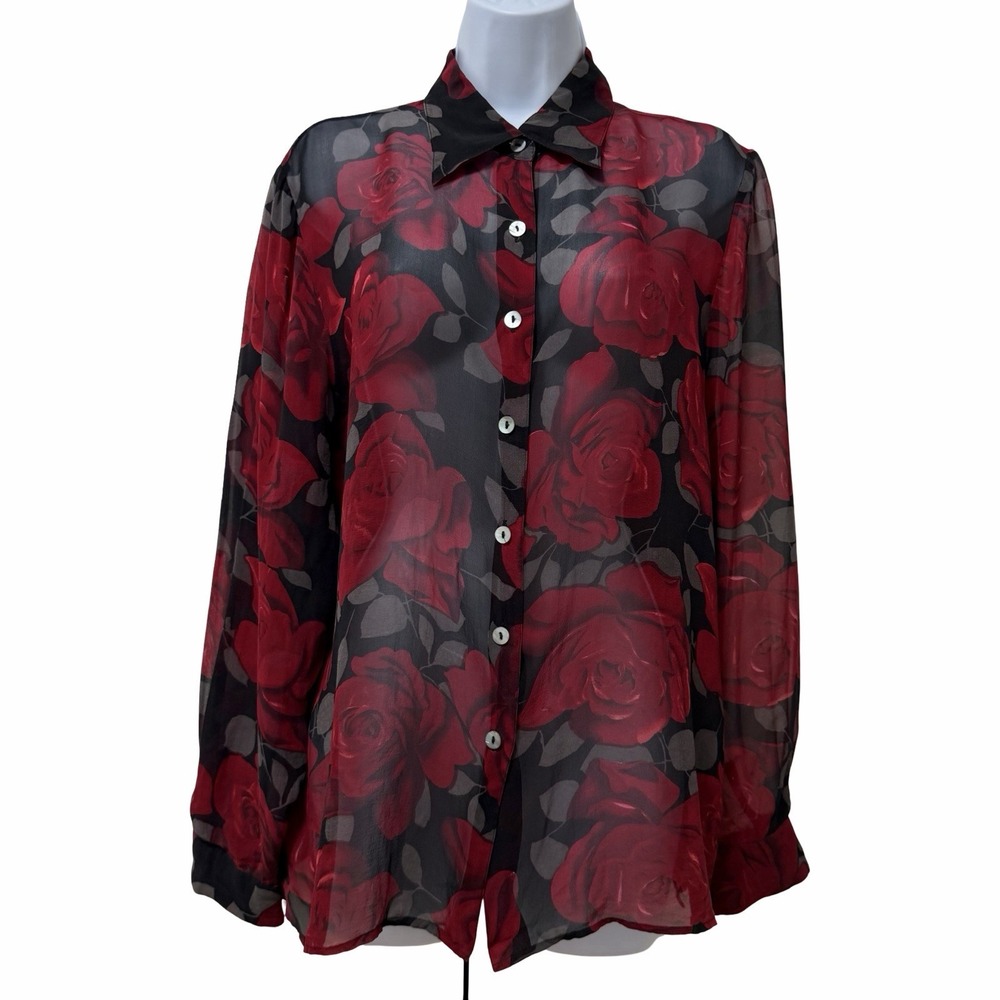 Vintage TESS Womens Rose Print Sheer Silk Button Up Blouse Top Size XL Red Black